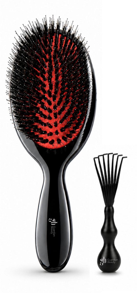 Guardian Beauty Antiklet - Groot - Everzwijnharen - Beukenhouten - Hoofdhuidmassageborstel voor Pluisvermindering + Inclusief Haarborstelreiniger