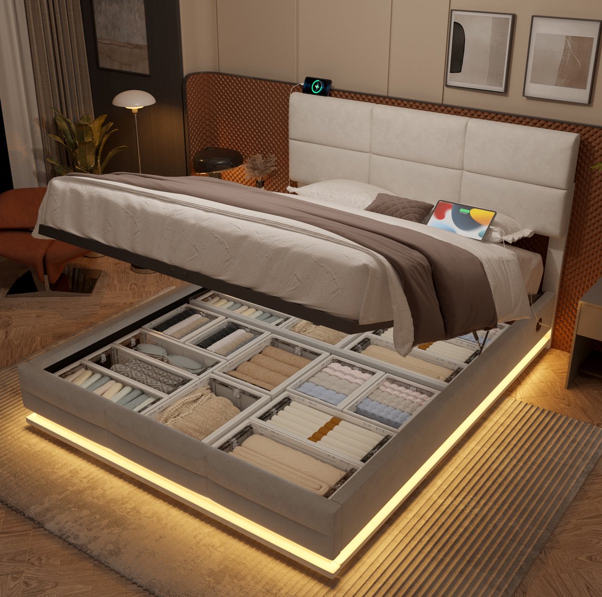 Wishdor Tweepersoonsbed 160x200 cm - Verstelbaar hoofdbord - USB en Type-C - LED-verlichting hydraulisch liftsysteem opbergruimte - Modern - Slaapkamer - Stof - Beige