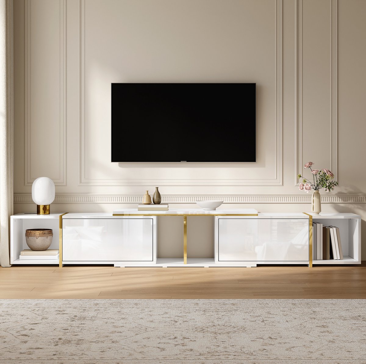 DESMIU Tv Meubel Uitschuifbaar Met Hoogglans Fronten En Gouden Accenten Voor Woonkamer En Modern Interieur Spaanplaat Wit 275x35x37 Cm