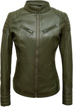 Urban 5884® - Angelina - Damesjas -Biker Model - Lams Leer - Soepel - Olive green - Getailleerd - Maat M