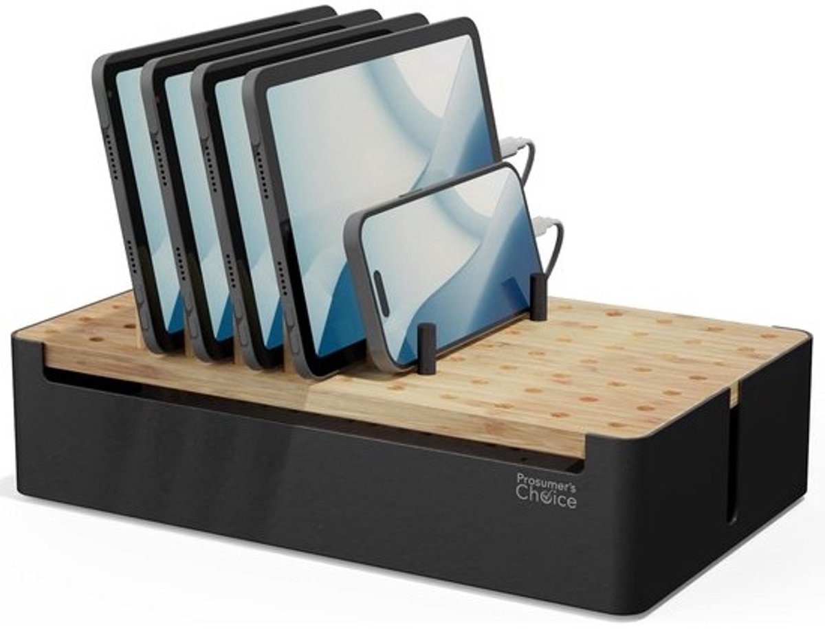 Houten Laadstation Organizer met 5 Sleuven voor Telefoons en Tablets - Kabelbeheer Doos