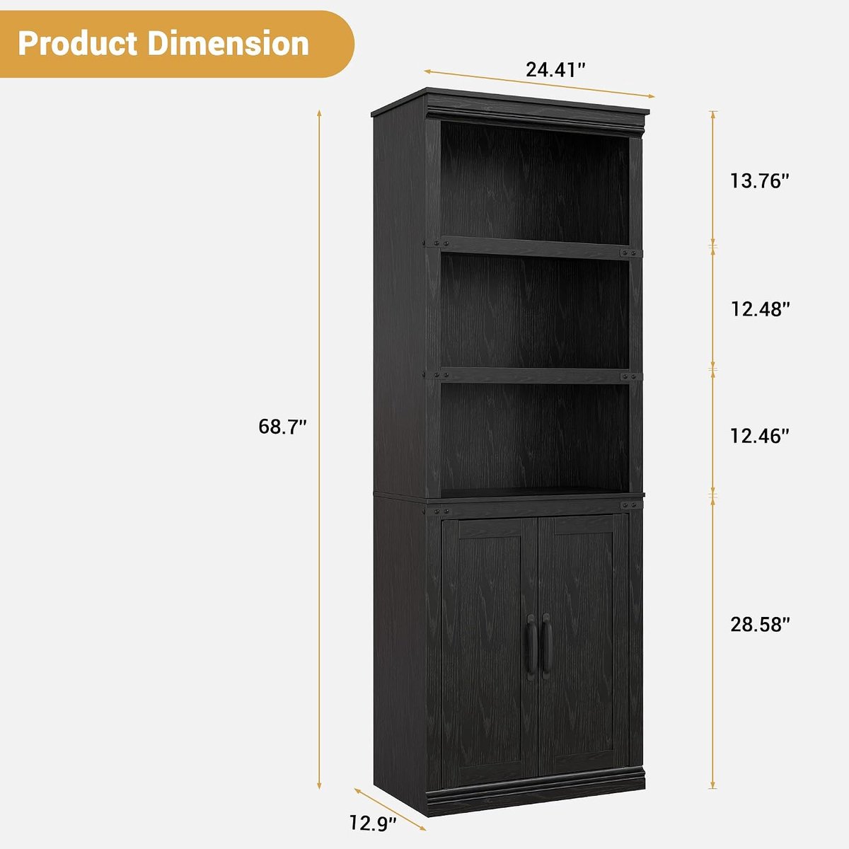 Boekenkast met 5 Niveaus - Wandkast met Deuren - Landelijke Farmhouse Stijl - Opbergkast voor Woonkamer & Kantoor - 174,5 x 80 x 33 cm - Zwart