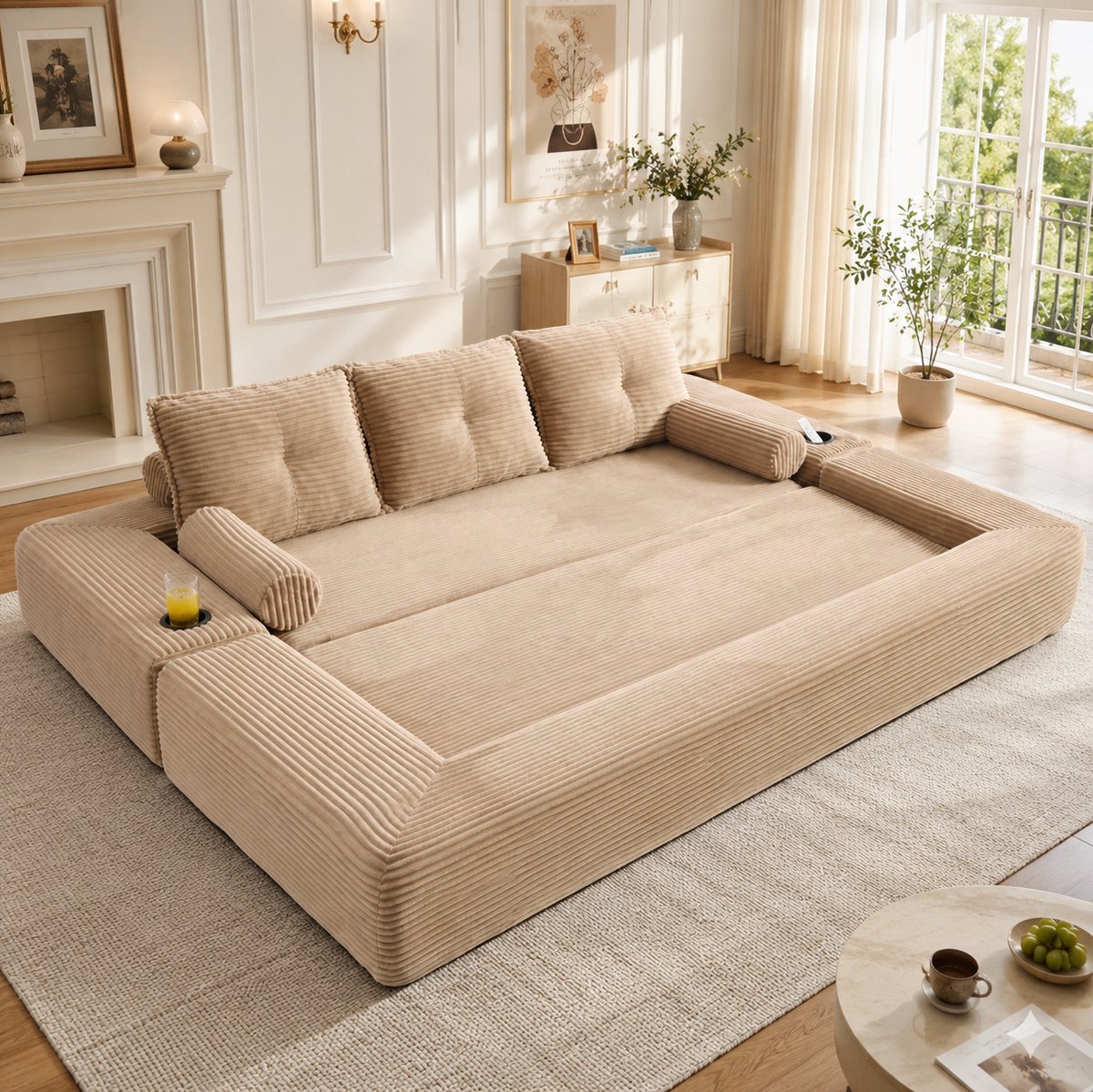 Slaapbank 3-zits - Opvouwbaar Met Zijvakken - Voor Woonkamer En Appartement - Corduroy - Khaki