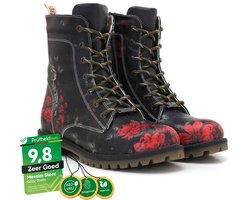 Goby Dames Veterboots – Damesboots – Rode Rozenprint – Rits- en Vetersluiting – Handgemaakt Vegan Leer – Maat 42