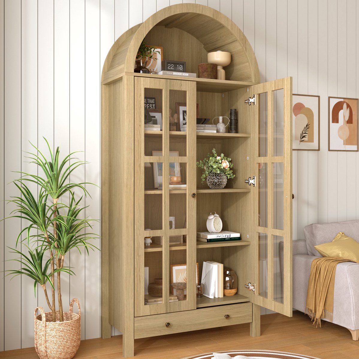 DESMIU Vitrinekast Met Bogenvorm En Verstelbare Planken En Lade - Moderne Staande Kast Voor Woonkamer En Eetkamer - MDF - Natuurkleur - 75x35x170,5 Cm Natural