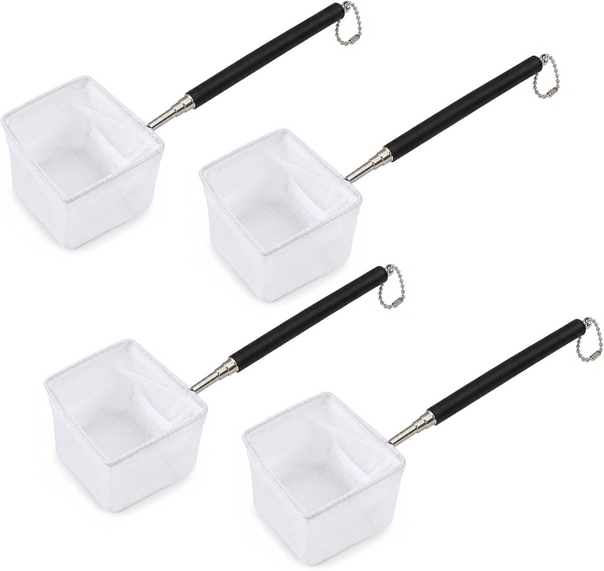 Set van 4 Mini Vissenlandingnetten 6,5 x 6,5 cm met Uittrekbare Handgreep 13-39 cm, Ideaal voor Garnalen, Vijvervissen en Aquatische Dieren
