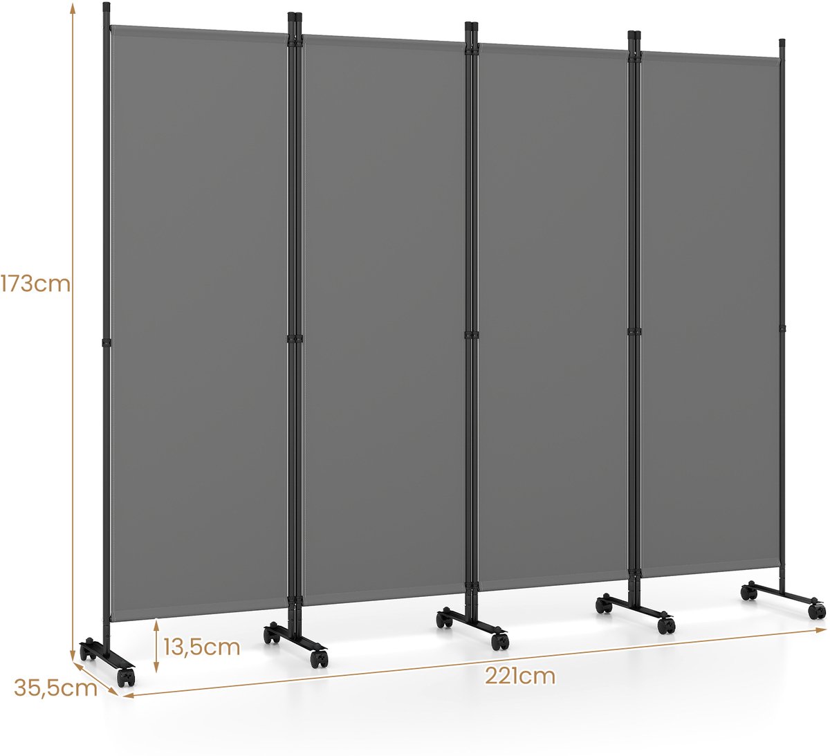 SureDeal® - Kamerscherm - Delig Ruimteverdeler Wieltjes - 221x30x173 cm - Grijs