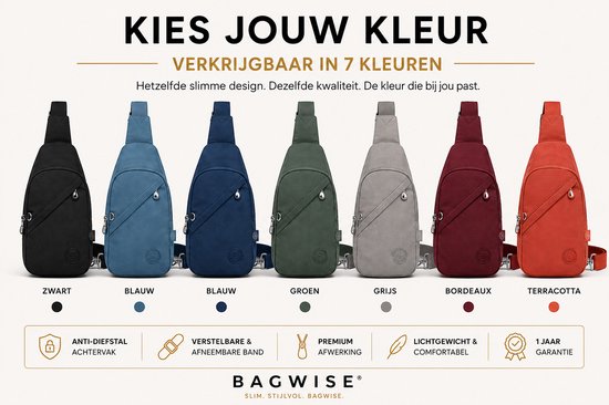 Drie sling tassen op een rij in donkerblauw, donkergrijs en zwart. Anti-diefstal vak, verstelbare band.