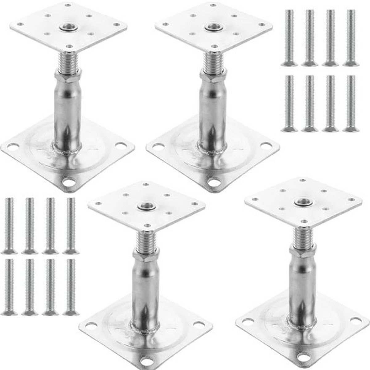 Paalhouders Set - Verstelbare Voeten - Stevig Plaatsen - Hoogte Verstelbaar - 95x95mm Basis - Zilver
