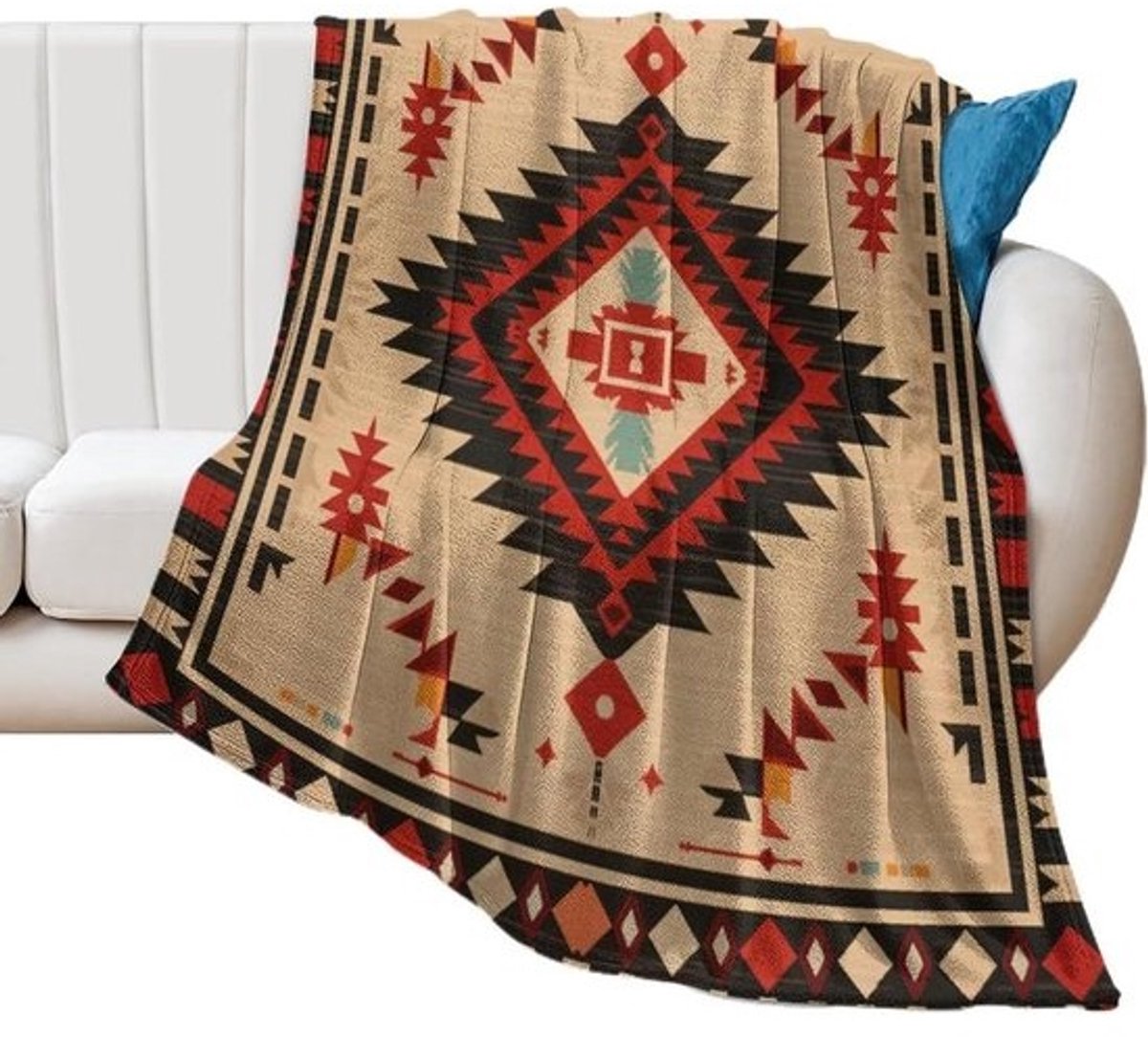 Flanellen Fleece Deken - Pluche Deken Bank - Gezellig Ontspannen - Super Zacht Materiaal - 178x203 cm - Beige Rood Patroon