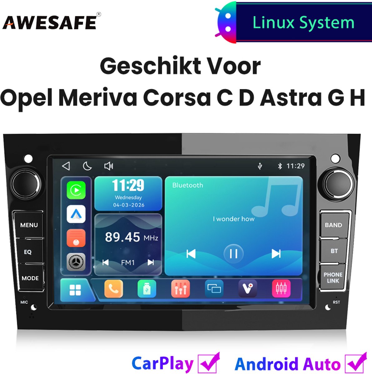 Awesafe Autoradio - Geschikt Voor Opel Meriva Corsa C D Astra G H - Draadloos Carplay Android Auto - Linux systeem - 7 Inch Touchscreen - FM Radio Bluetooth EQ SWC Wifi Airplay - Glanzend zwart