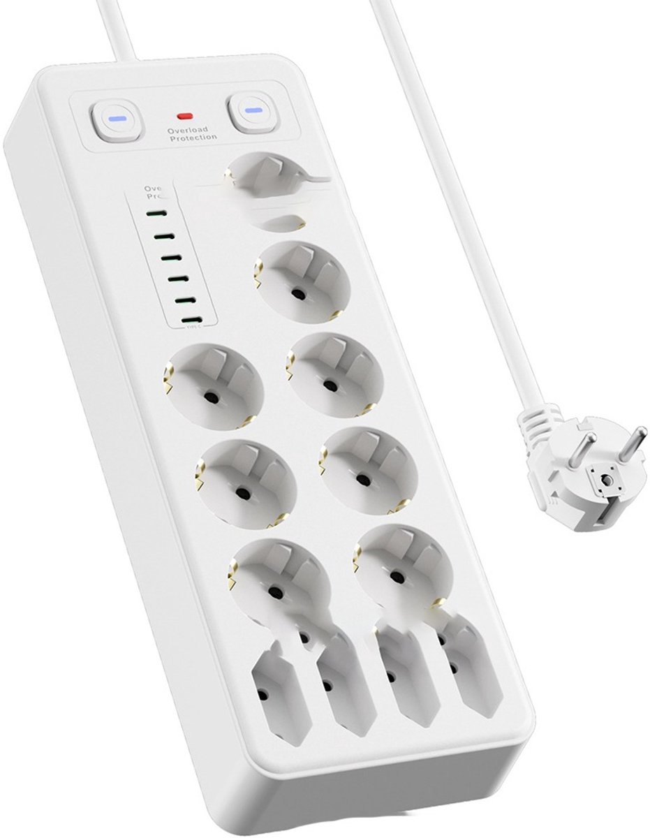 Europese stekkerdoos met USB & Type-C poorten, overbelastingsbeveiliging