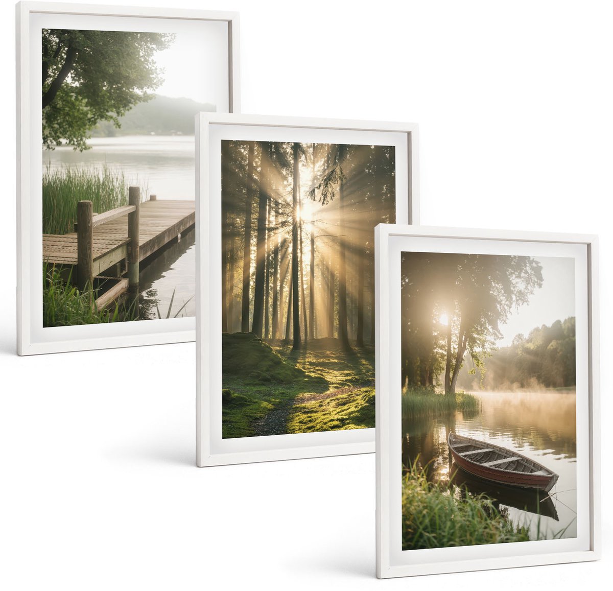 Wallfluent 3-Delige Schilderij Set - Rustig Meer, Bos En Boot In De Ochtendmist - 40 x 60 - Muurdecoratie - Wanddecoratie - Hal - Woonkamer Decoratie