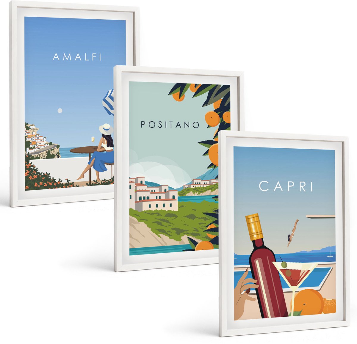 Wallfluent 3-Delige Schilderij Set - Vakantiegezichten Amalfi Positano En Capri - 40 x 60 - Muurdecoratie - Interieur Decoratie - Woonkamer Decoratie