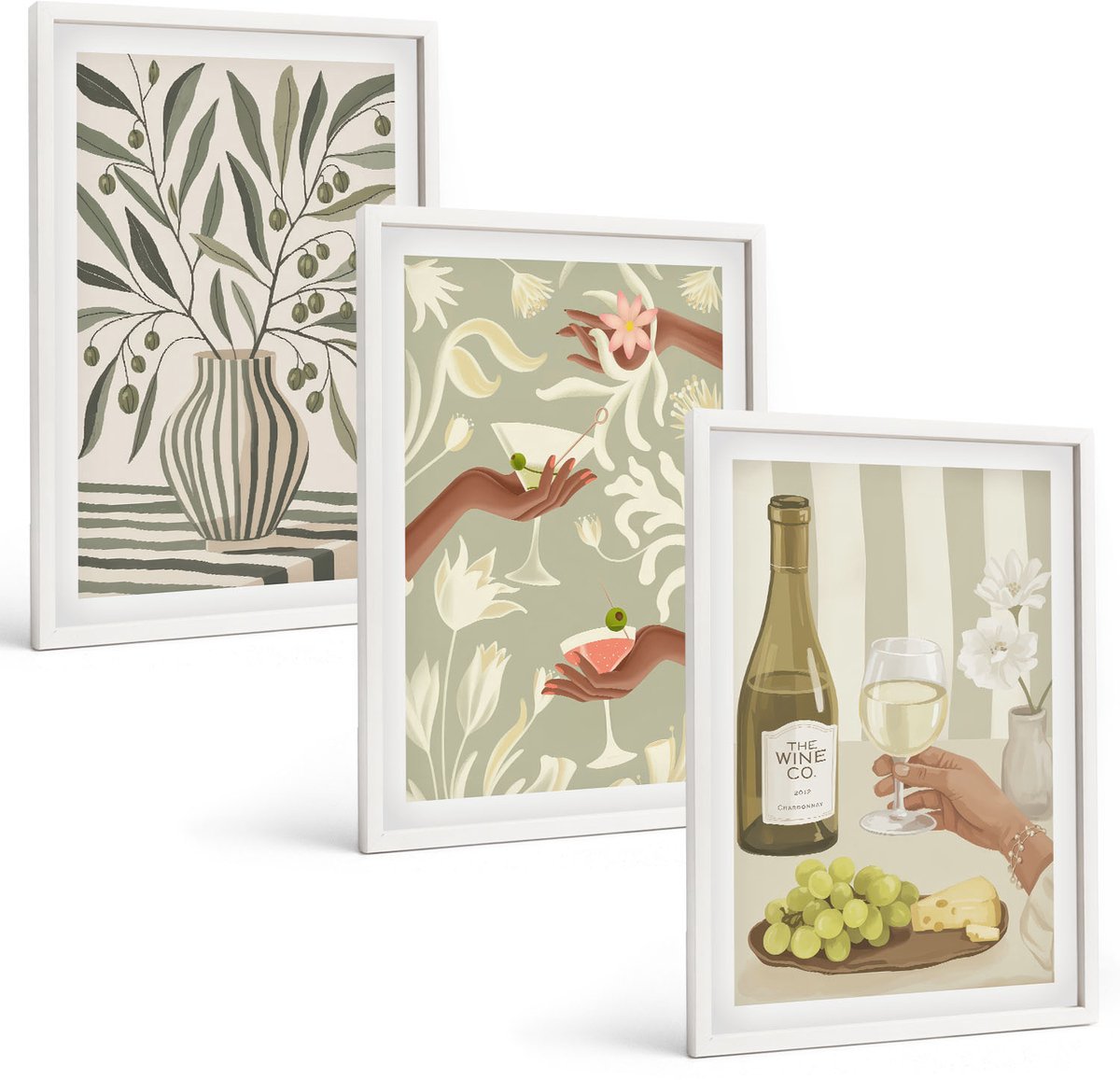 Wallfluent 3-Delige Schilderij Set - Olijfbloemen En Rustieke Cocktails - 40 x 60 - Wanddecoratie - Muurdecoratie - Moderne Interieurdecoratie - Moderne Wanddecoratie