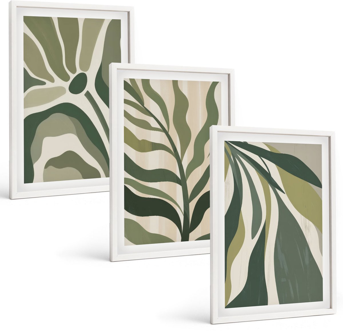 Wallfluent 3-Delige Schilderij Set - Geschilderde Illustraties Van Bladeren In Verschillende Tinten Groen. - 40 x 60 - Wanddecoratie - Schilderijen Set - Interieur - Decoratieve Schilderijen