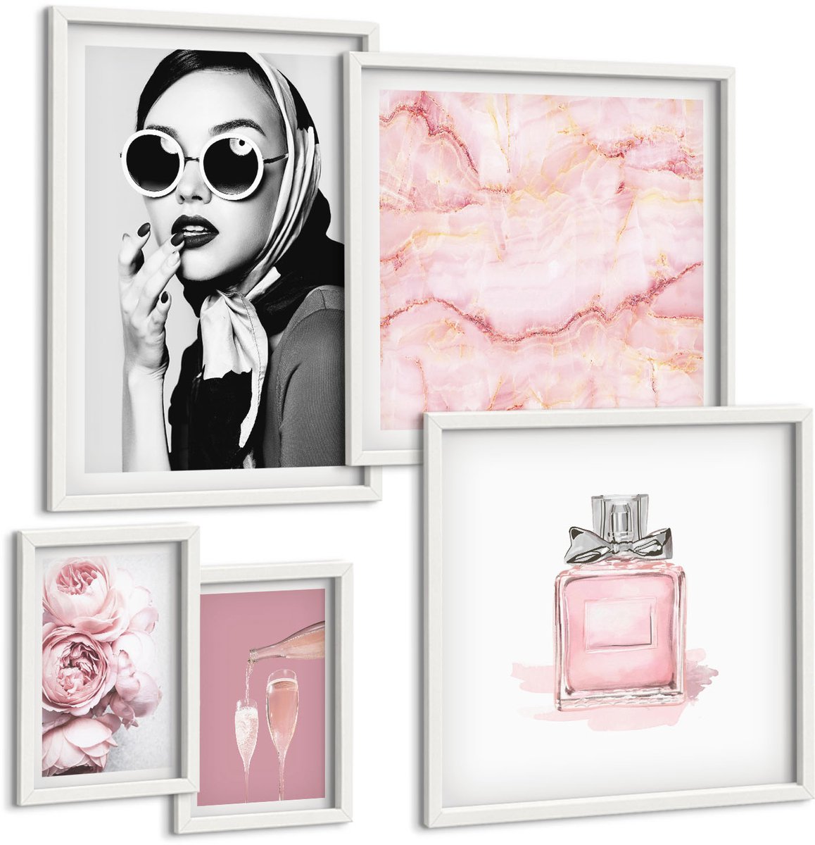 Wallfluent 5-Delige Schilderij Set - Stijlvolle Accenten In Roze Tinten En Elegantie. - 50 x 50 cm, 20 x 30 cm En 40 x 60 cm - Moderne Wanddecoratie - Slaapkamer