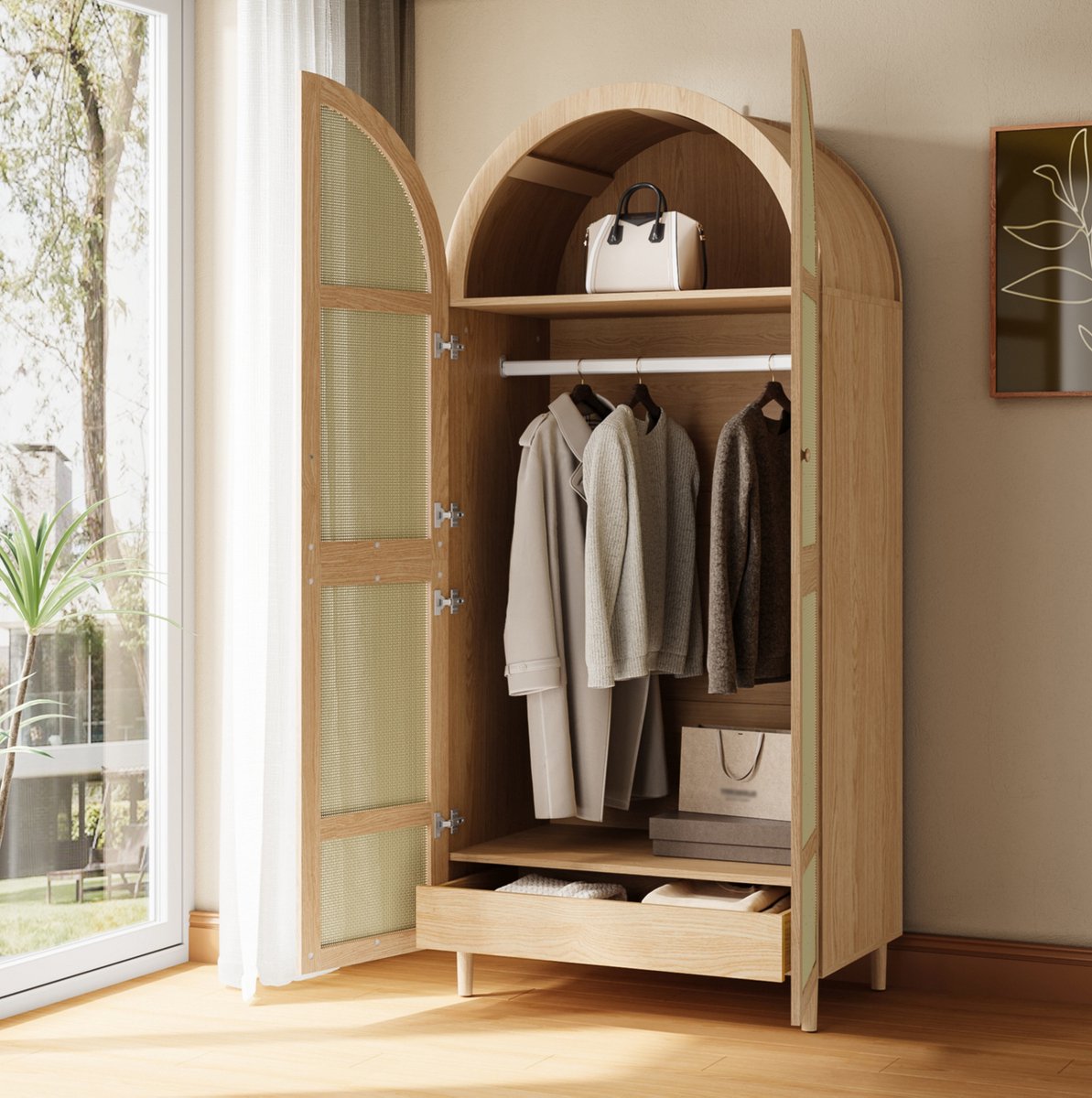 REDOM - Kledingkast - Gebogen deuren - Met kledingstang en legplanken - Met lades - Moderne stijl - Slaapkamer en hal - MDF en spaanplaat - Naturel - 80 x 50 x 179 cm