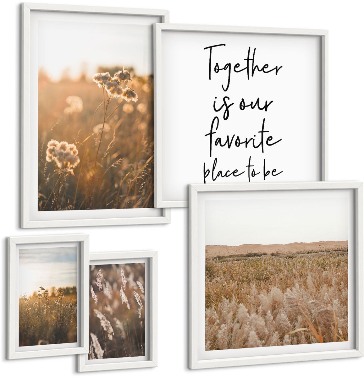 Wallfluent 5-Delige Schilderij Set - Natuurlijke Landschappen Met Bloemen En Inspirerende Spreuken. - 50 x 50 cm, 20 x 30 cm En 40 x 60 cm - Muurdecoratie - Decoratieve Schilderijen - Wohnzimmer - Stijlvolle Muurdecoratie