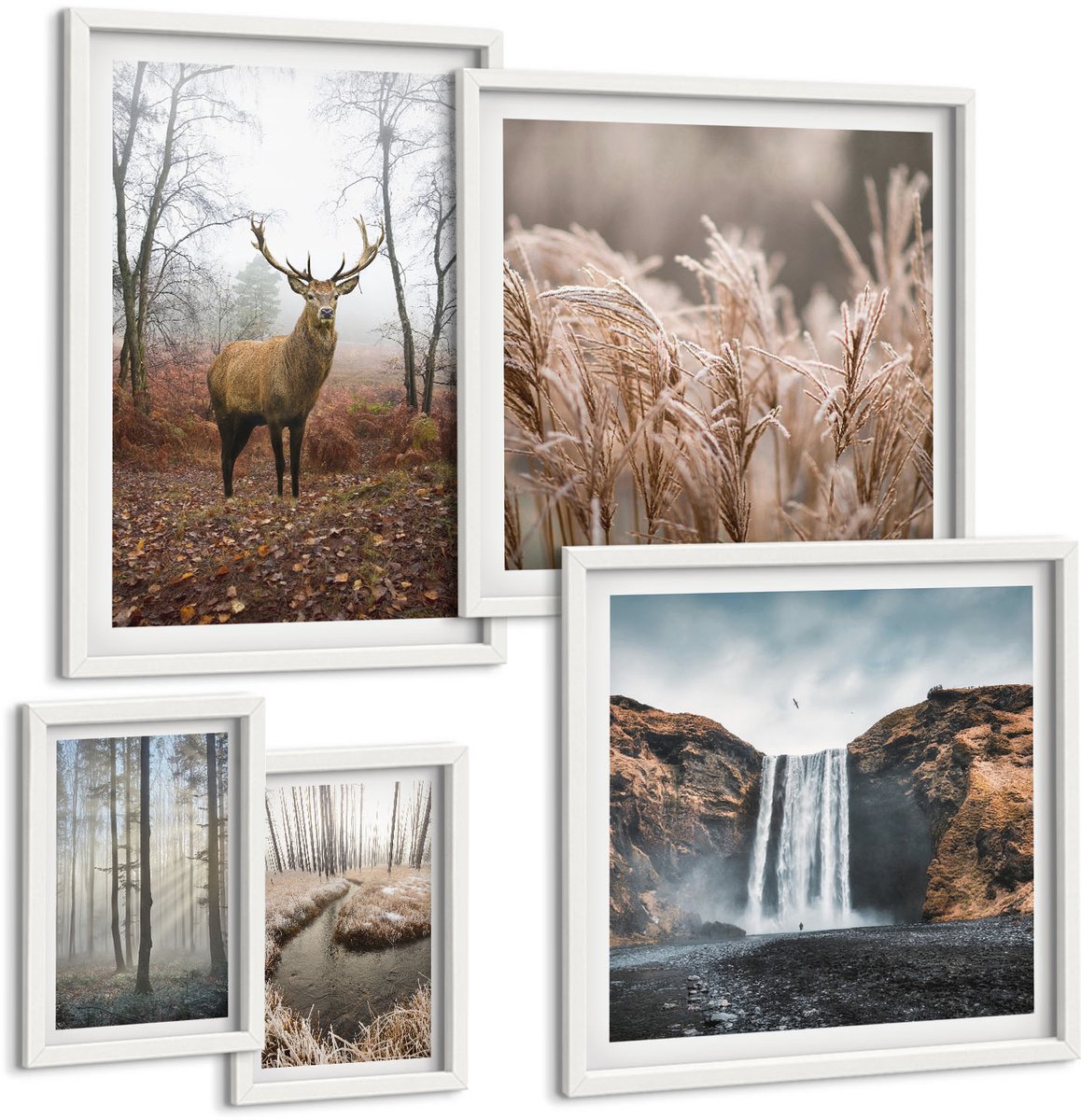 Wallfluent 5-Delige Schilderij Set - Natuurlijke Landschappen Met Wilde Dieren En Bosdieren - 50 x 50 cm, 20 x 30 cm En 40 x 60 cm - Wanddecoratie - Muurdecoratie - Woonkamer - Woonkamer Decoratie