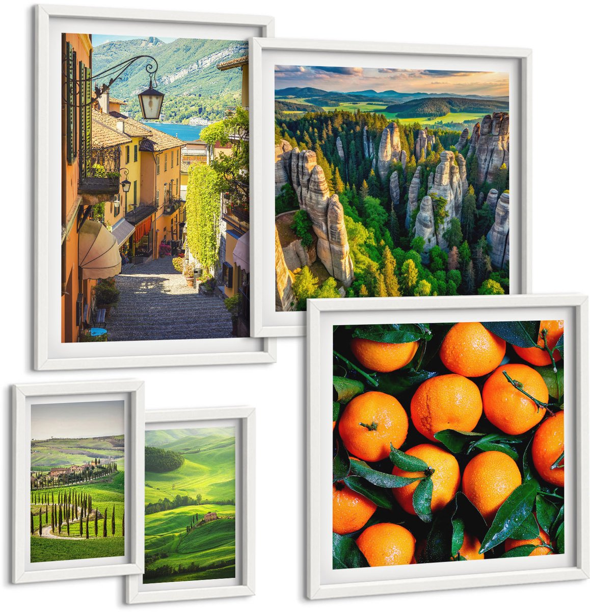 Wallfluent 5-Delige Schilderij Set - Charmante Landelijke Landschappen En Fruitinspiratie - 50 x 50 cm, 20 x 30 cm En 40 x 60 cm - Decoratieve Schilderijen - Woonkamer - Interieur - Moderne Wanddecoratie