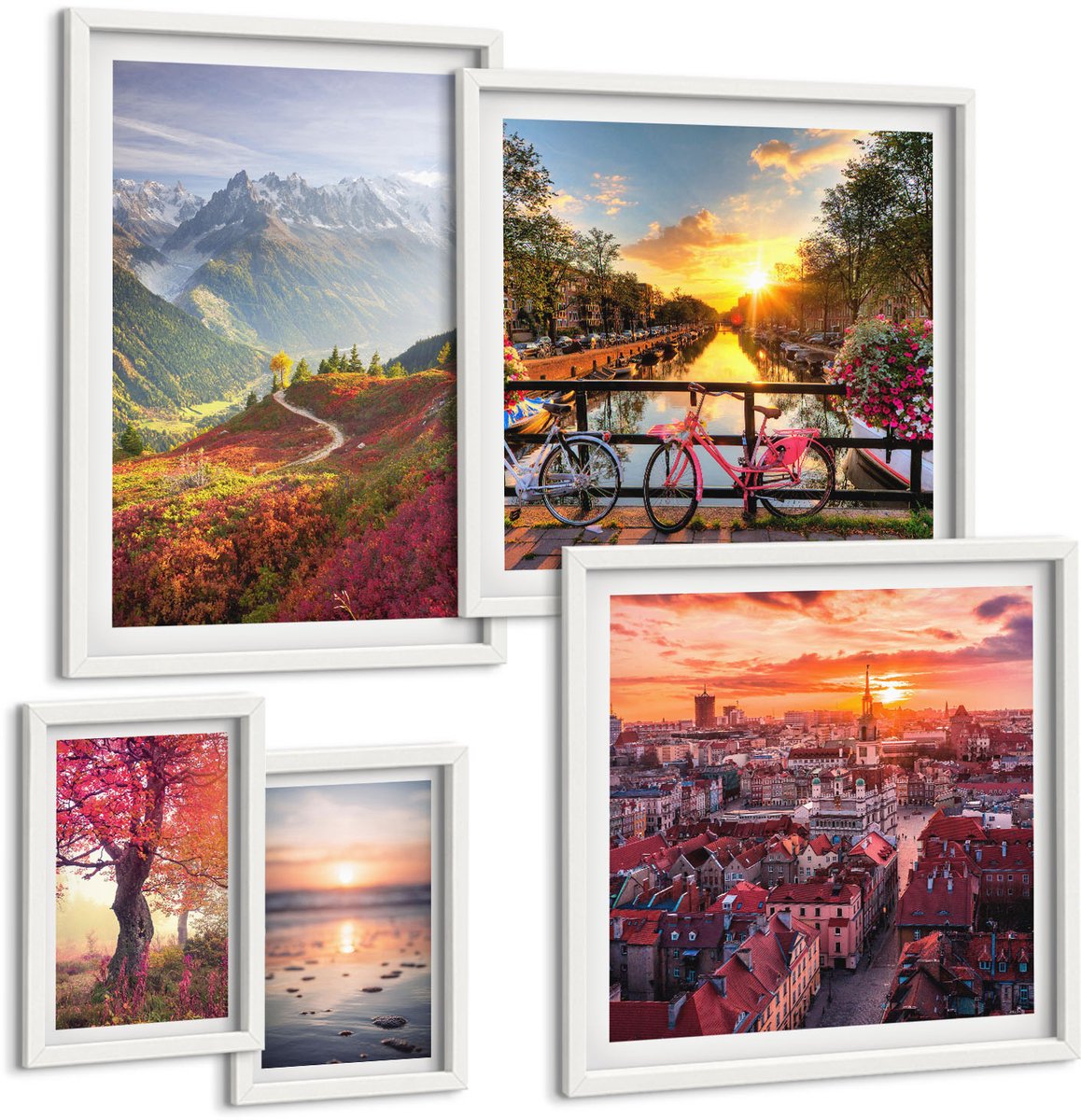Wallfluent 5-Delige Schilderij Set - Berglandschappen En Uitzichten Op De Natuur In Stedelijke Gebieden - 50 x 50 cm, 20 x 30 cm En 40 x 60 cm - Muurdecoratie - Wanddecoratie - Slaapkamer - Woonkamer Decoratie