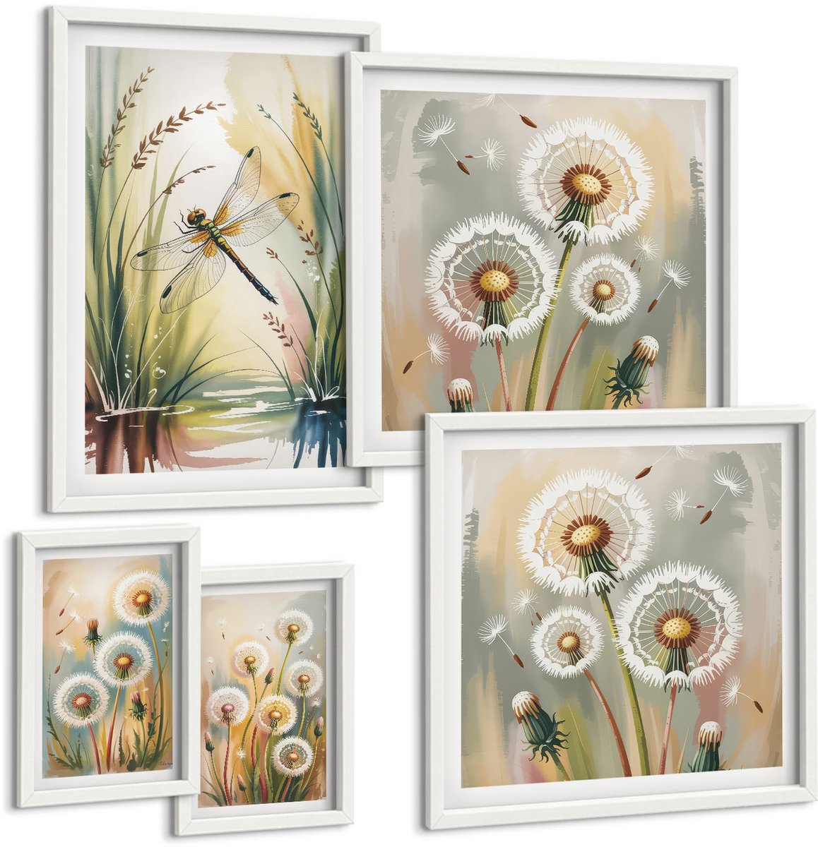Wallfluent 5-Delige Schilderij Set - Bloemmotieven Met Libellen In Een Delicate, Natuurlijke Stijl. - 50 x 50 cm, 20 x 30 cm En 40 x 60 cm - Wanddecoratie - Muurdecoratie - Woonkamer