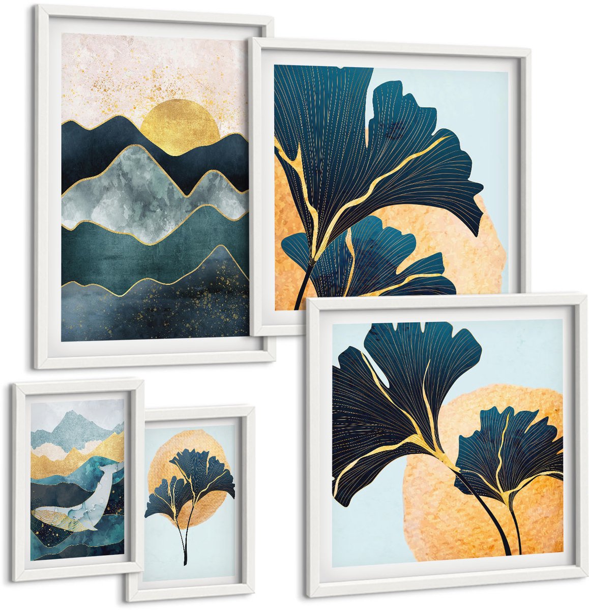 Wallfluent 5-Delige Schilderij Set - Stijlvolle Berglandschappen Met Decoratieve Plantenaccenten - 50 x 50 cm, 20 x 30 cm En 40 x 60 cm - Moderne Wanddecoratie - Woonkamer - Decoratieve Schilderijen