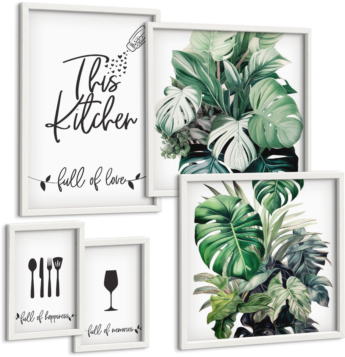 Wallfluent 5-Delige Schilderij Set - Keukeninspiratie Met Planten En Positieve Slogans - 50 x 50 cm, 20 x 30 cm En 40 x 60 cm - Schilderijen Set - Wanddecoratie - Woonkamer - Muurdecoratie