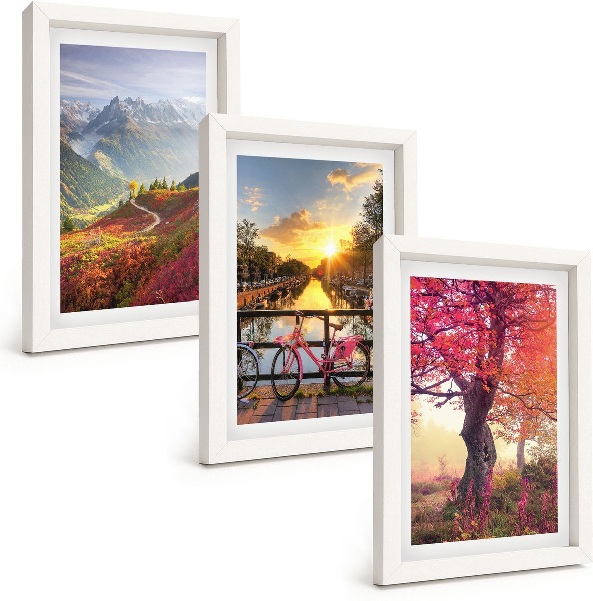Wallfluent 3-Delige Schilderij Set - Berglandschappen Met Een Fiets En Een Herfstboom - 20 x 30 - Decoratieve Schilderijen - Wanddecoratie - Hal - Moderne Wanddecoratie