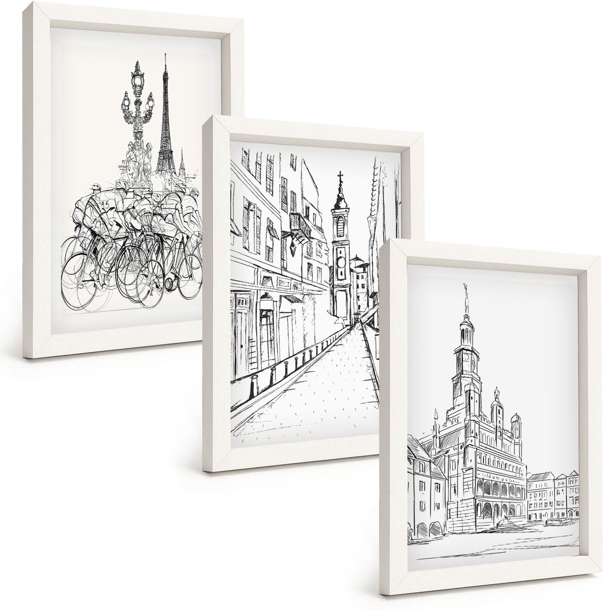 Wallfluent 3-Delige Schilderij Set - Eenvoudige Tekeningen Van Stadsgezichten - 20 x 30 - Schilderijen Set - Wanddecoratie - Woonkamer - Interieur Decoratie