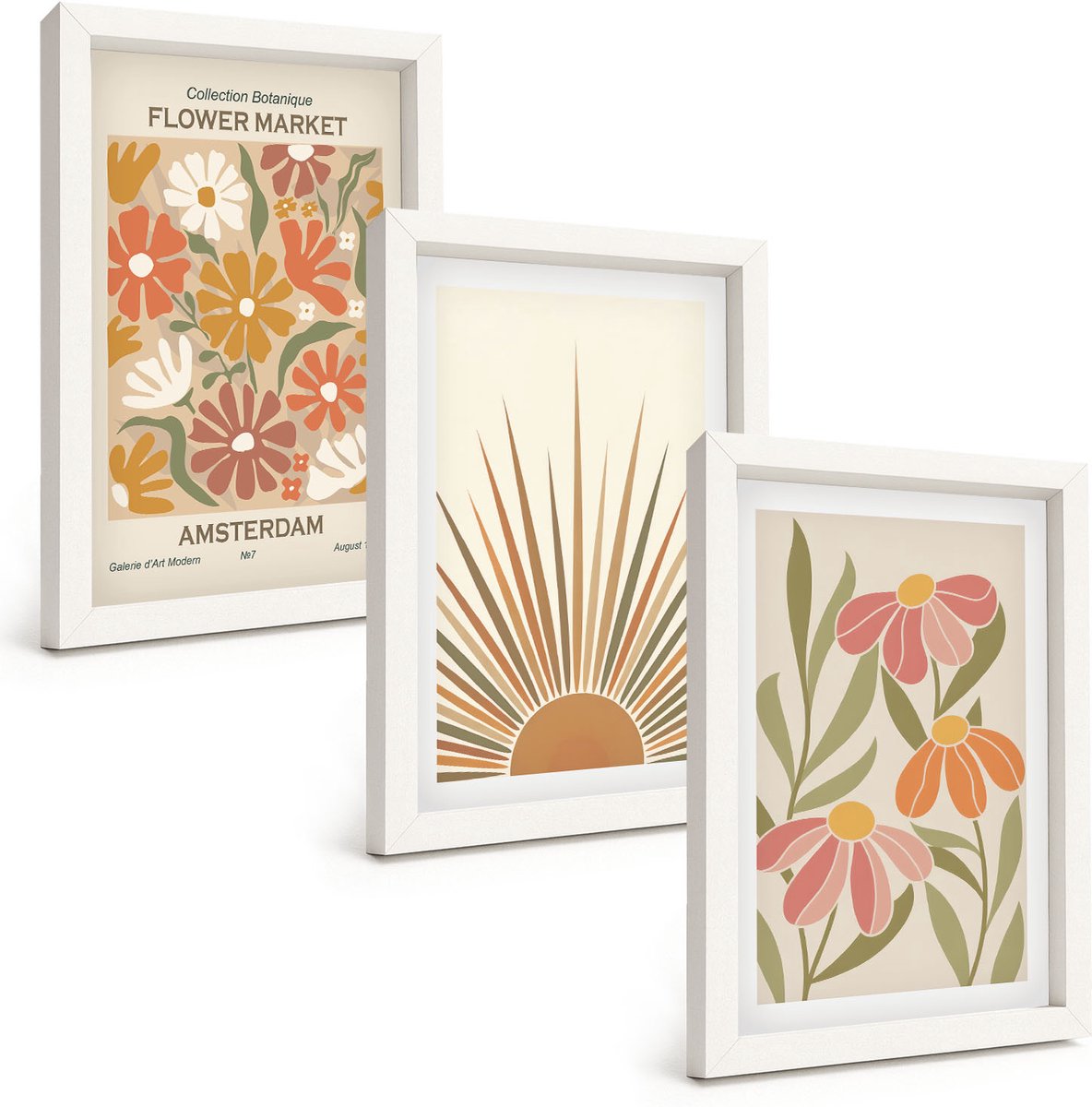 Wallfluent 3-Delige Schilderij Set - Bloemen In Pastelkleuren Met Zonnestralen - 20 x 30 - Stijlvolle Muurdecoratie - Kantoor