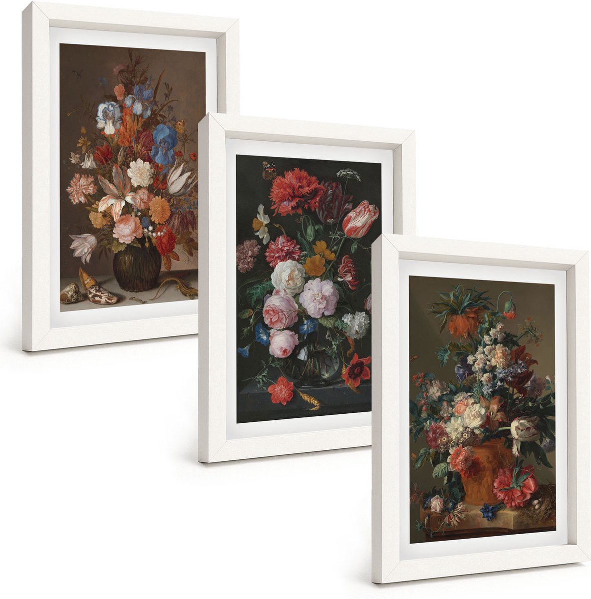 Wallfluent 3-Delige Schilderij Set - Bloemen In Vazen: Diverse Vintage Plantencomposities - 20 x 30 - Muurdecoratie - Schilderijen Set - Woonkamer - Stijlvolle Muurdecoratie