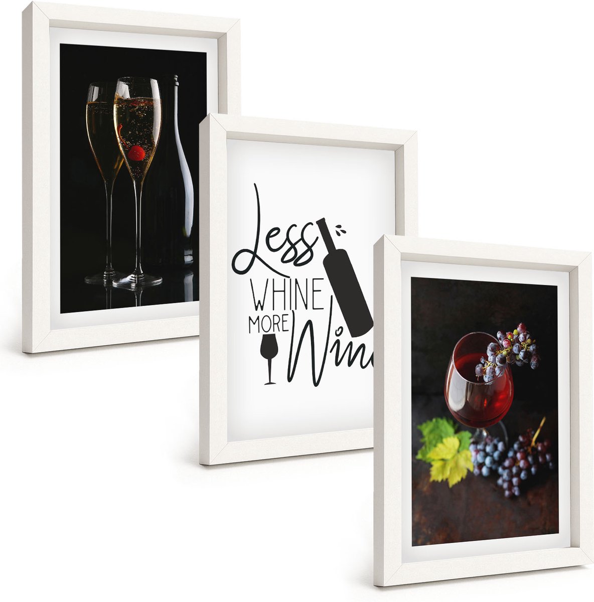 Wallfluent 3-Delige Schilderij Set - Wijnglazen Met Druiven En Een Opschrift Over Wijn. - 20 x 30 - Muurdecoratie - Decoratieve Schilderijen - Wohnzimmer - Moderne Wanddecoratie