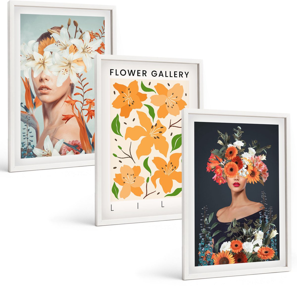 Wallfluent 3-Delige Schilderij Set - Bloemenportretten Met Kleurrijke Boeketten En Bladeren - 40 x 60 - Moderne Wanddecoratie - Slaapkamer - Decoratieve Schilderijen