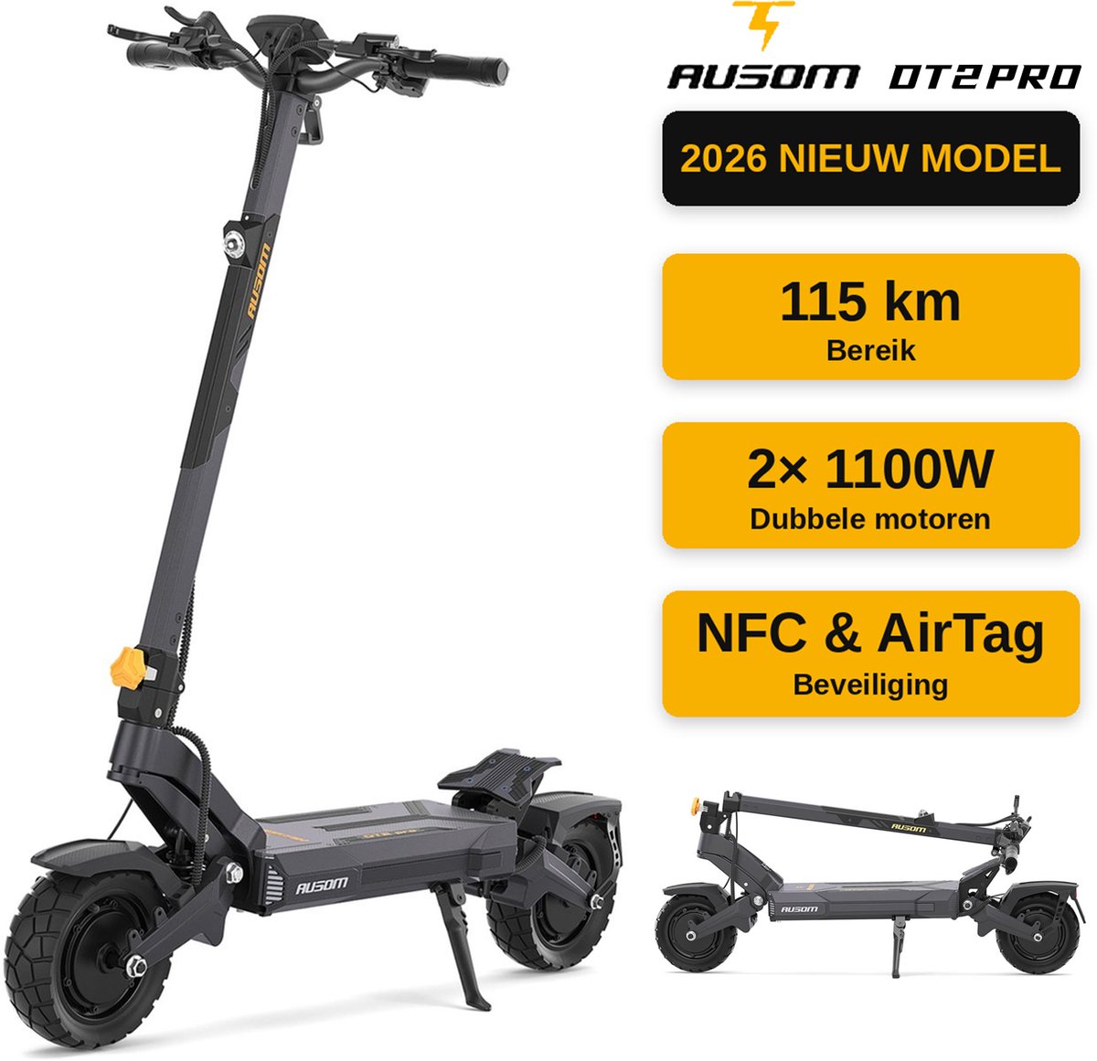 Ausom DT2 Pro 2026 NIEUW MODEL Elektrische Scooter – Dubbele 1100W Motoren, 23,4Ah Accu, Bereik 115km, Hydraulische Schijfremmen, Rocker-Arm Vering, 10" Tubeless Banden, Max. 297 lbs, NFC & AirTag Beveiliging – Grijs