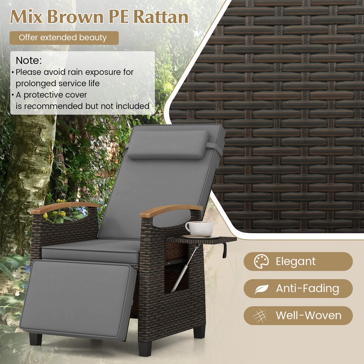 SureDeal® - Ligbed - Stucks Relaxstoel Rattan - Zachte Kussens Verstelbare - Voetensteun Grijs - Wit - 79x142x60 cm - Grijs
