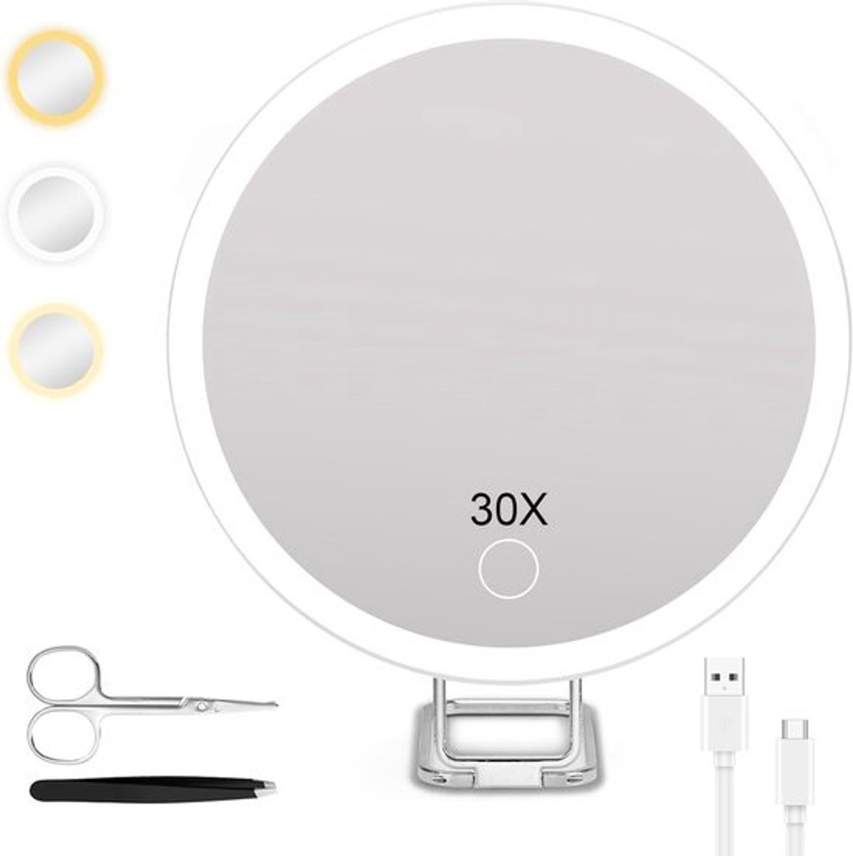 Verzorgings Spiegel met Licht 30x Vergroting, Dimbare 3 Kleuren Verlichting, Touchscreen Bediening, USB Oplaadbaar, Tafel- Wand- en Zuignapmontage, Ideaal voor Make-up en Haarstyling, Wit