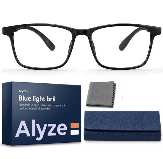 Zwarte, rechthoekige computerbril van Alyze, inclusief blauw licht filter, brillenkoker en doekje.