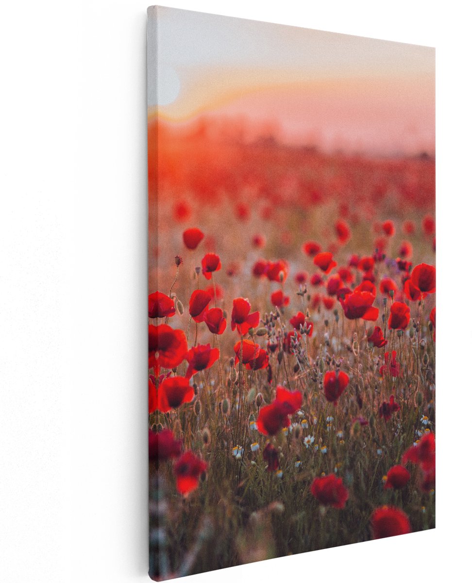 Artaza Canvas Schilderij Rode Klaprozen Bloemenveld Zonsondergang - 120x180 cm - Groot - Wanddecoratie Woonkamer - Schilderijen - Muurdecoratie