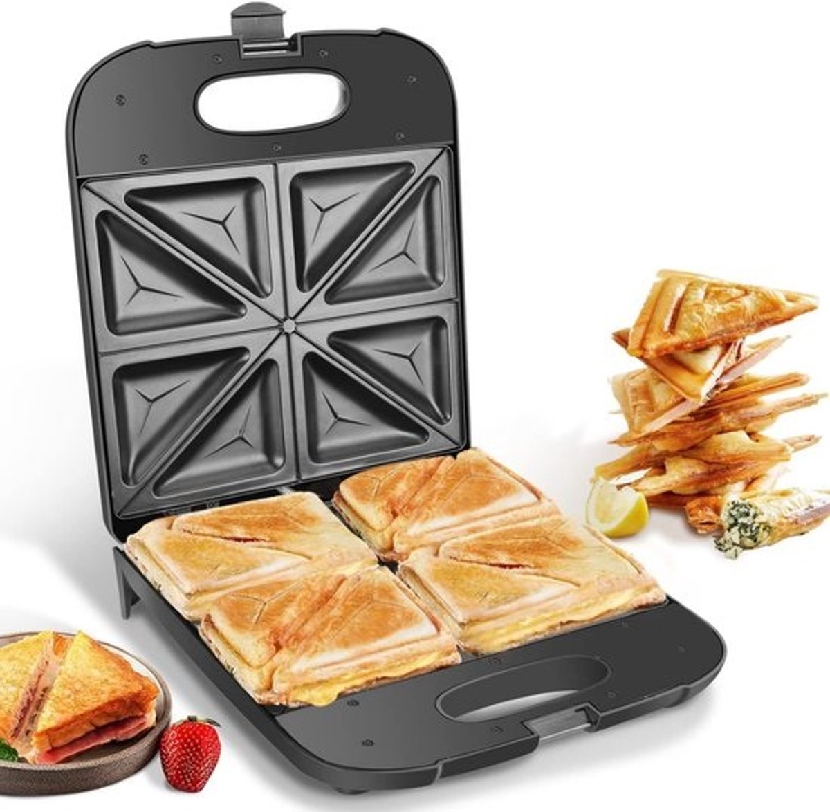 XXL Sandwich Toaster voor 4 Driehoeken, Krachtig 1400W, Snel en Makkelijk Schoonmaken