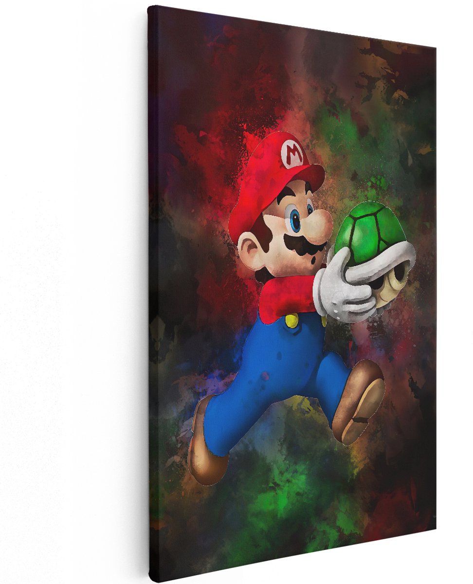Artaza Canvas Schilderij Mario met een Groene Schelp - 120x180 cm - Groot - Muurdecoratie - Canvas Print