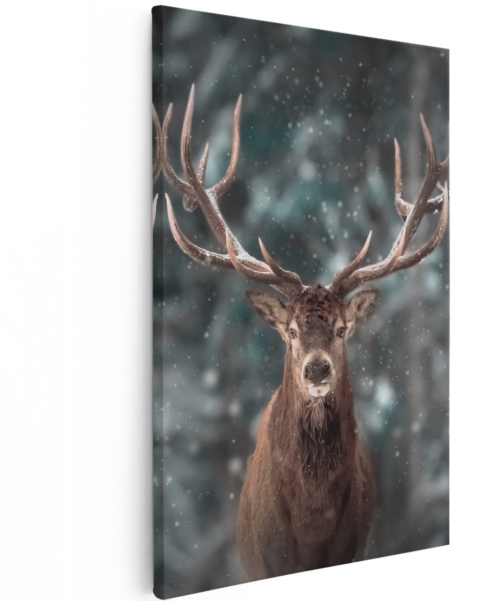 Artaza Canvas Schilderij Hertenkop - Hert In De Sneeuw - 120x180 cm - Groot - Wanddecoratie Woonkamer - Schilderijen - Muurdecoratie