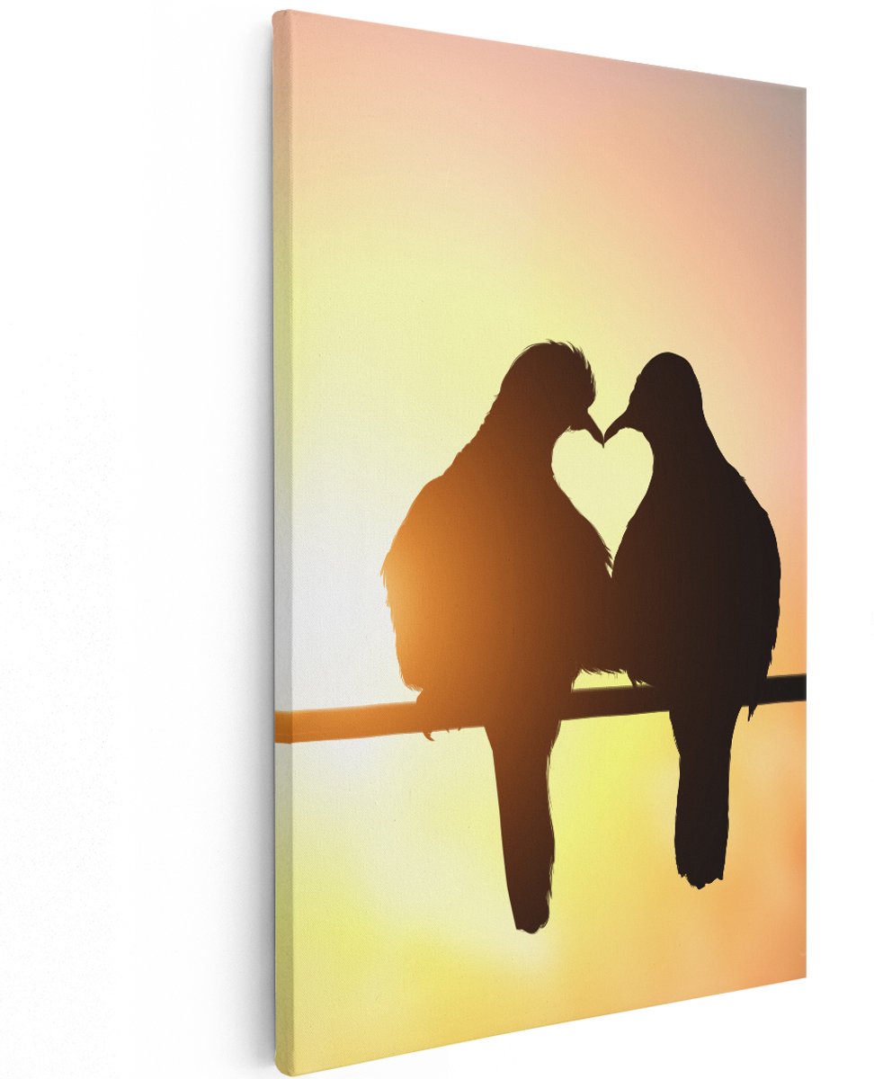 Artaza Canvas Schilderij Twee Silhouet Vogels In Een Hart Vorm - 120x180 cm - Groot - Wanddecoratie Woonkamer - Schilderijen - Muurdecoratie