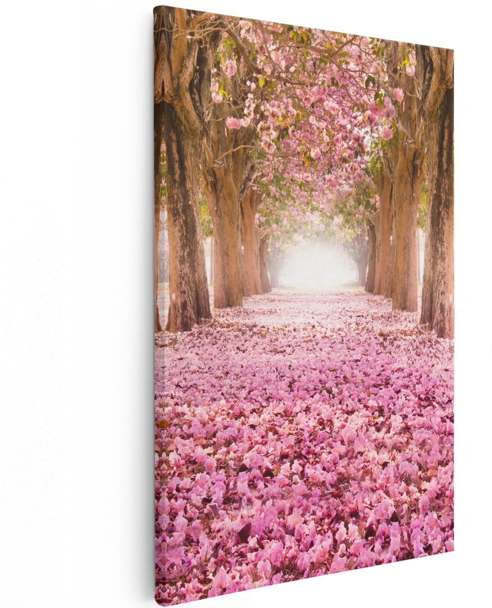 Artaza Canvas Schilderij Romantische Bomen Tunnel Met Roze Anjers - 120x180 cm - Groot - Wanddecoratie Woonkamer - Schilderijen - Muurdecoratie