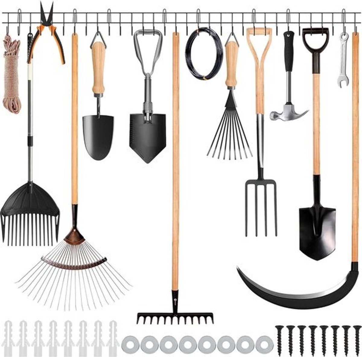 Tuin Organizer Rek - 405 cm Lang - Zware Kwaliteit Muur Gemonteerde Gereedschap Houder - Tuin Gereedschap Schoppen Harken Bezem-Dweil Slang & Touw Opslag