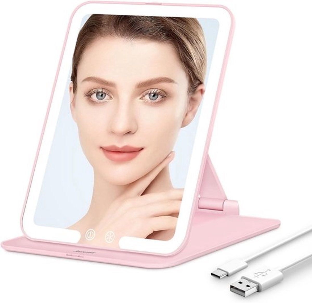 Draagbare Make-up Spiegel Met Verlichting - Oplaadbare Opvouwbare Reisspiegel Met 3 Lichtkleuren