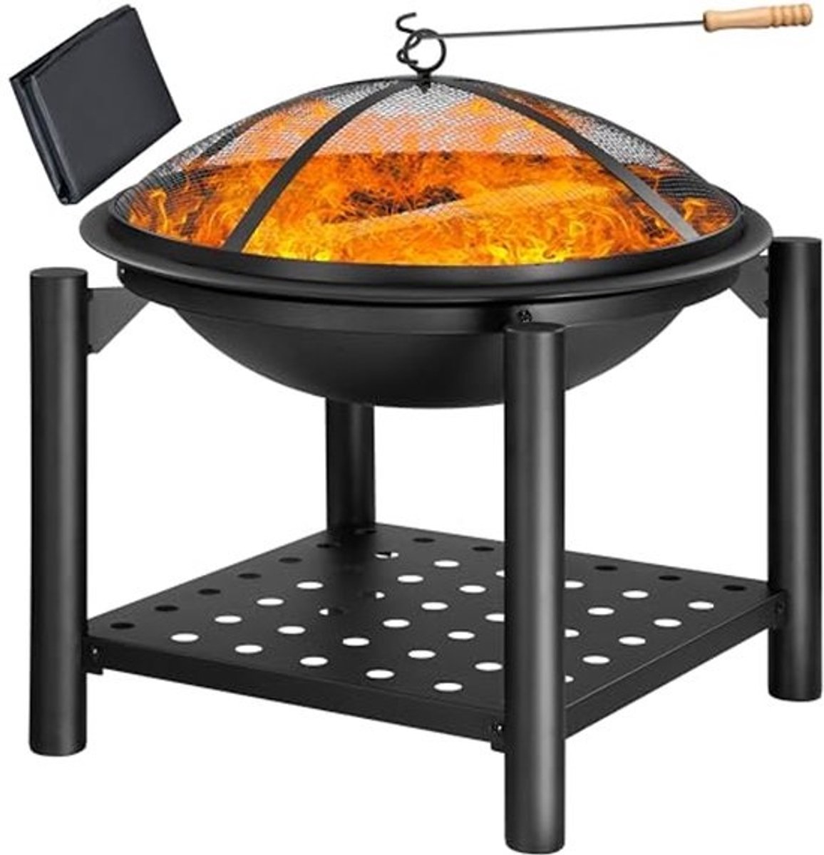 Vuurschaal met Deksel en Pook - Ø55cm Tuin Vuurkorf in Zwart Staal