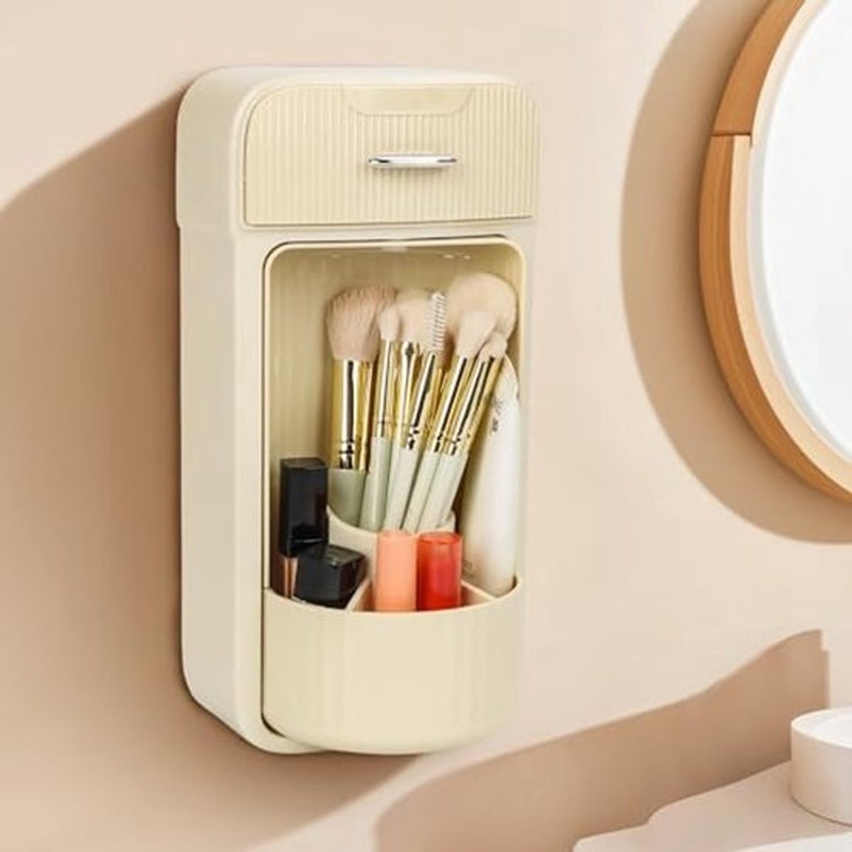 360° Draaibare Make-uporganizer voor Wandmontage - Multifunctionele Cosmetica Organizer met Laden in Beige