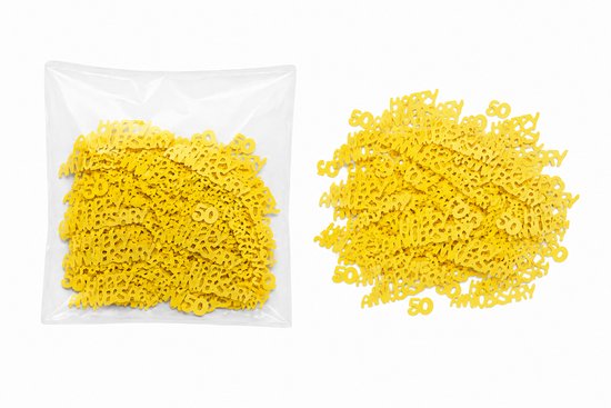 Gele tafelconfetti met de tekst '50 Anniversary' in een zakje.